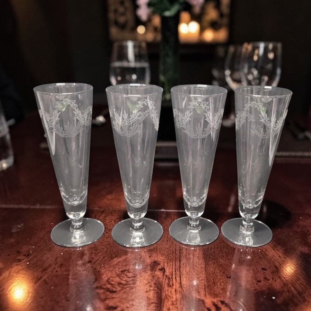 Chintz‎ Etched Pilsner Glasses, Set of 4, Vintage Replacement Barware, Flaw